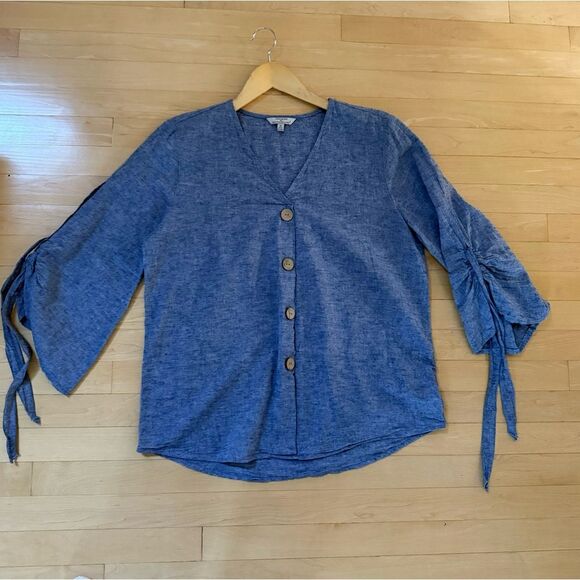 Linen Blend By Hester & Orchard Linen Blend V Neck Tunic with Sleeve Tie M NWOT - Picture 2 of 14